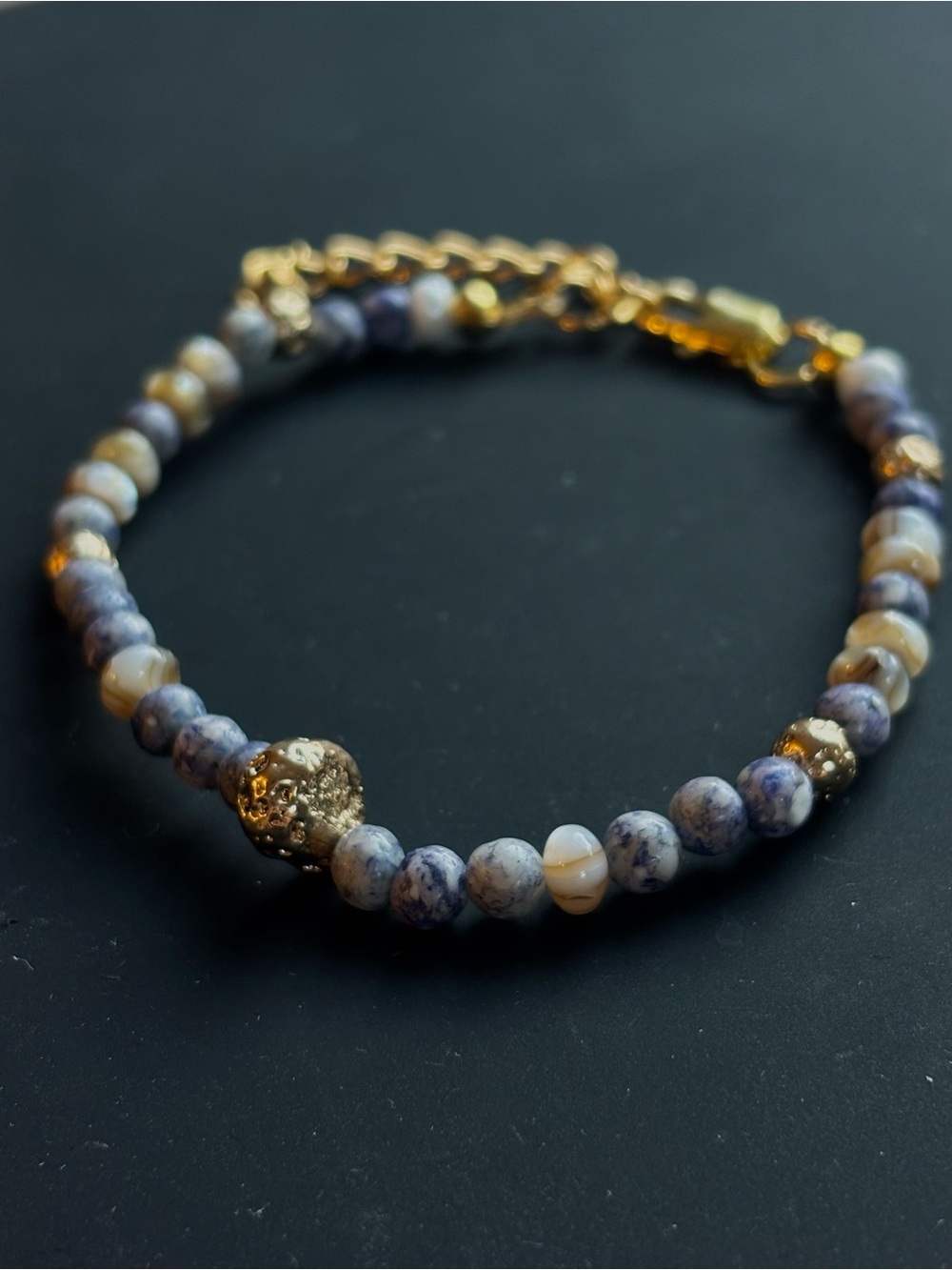 Blue Spot Jasper & Mother of Pearl Bracelet w/ Gold Accents. Handmade by Seller